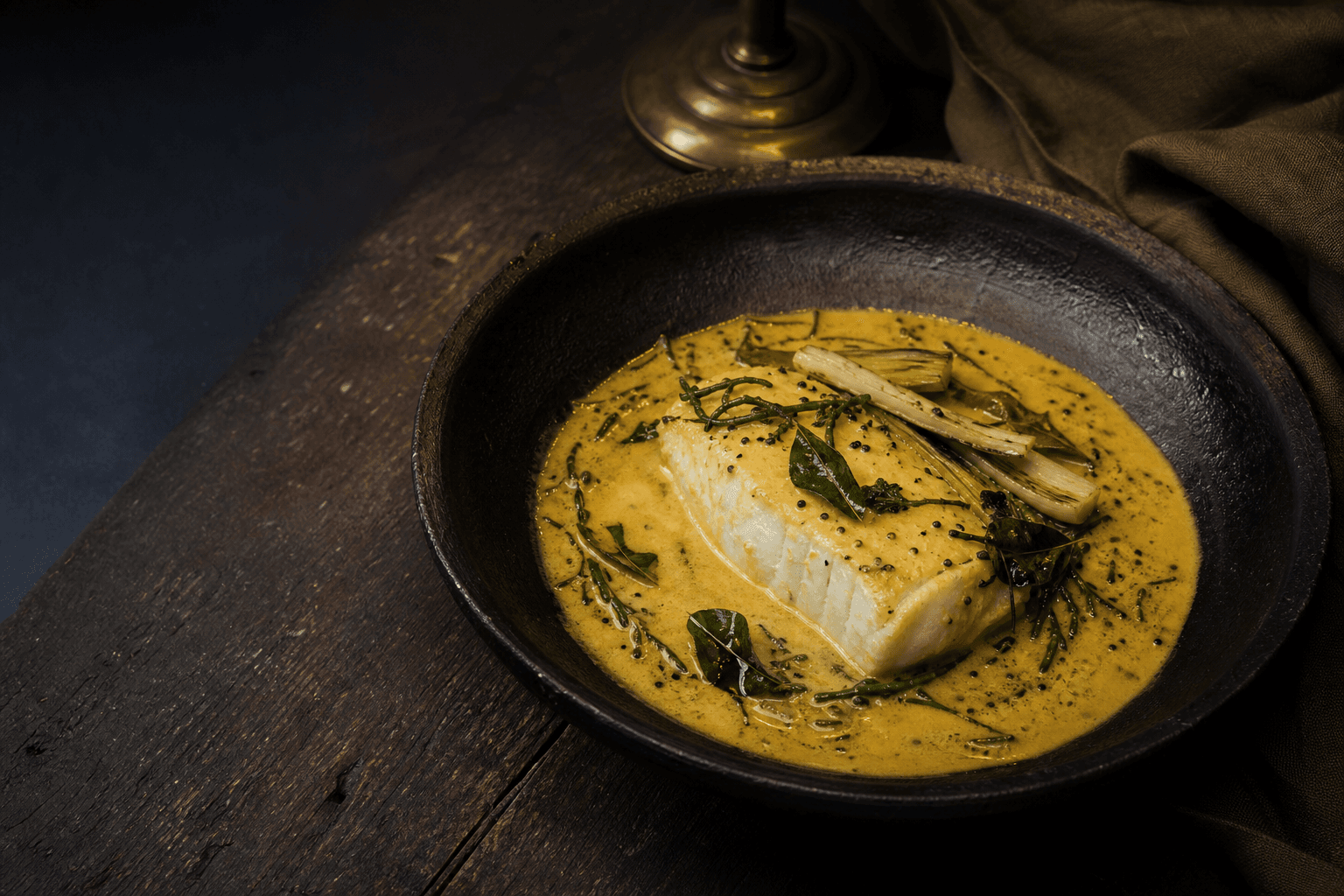 Fish served in a golden coconut moilee