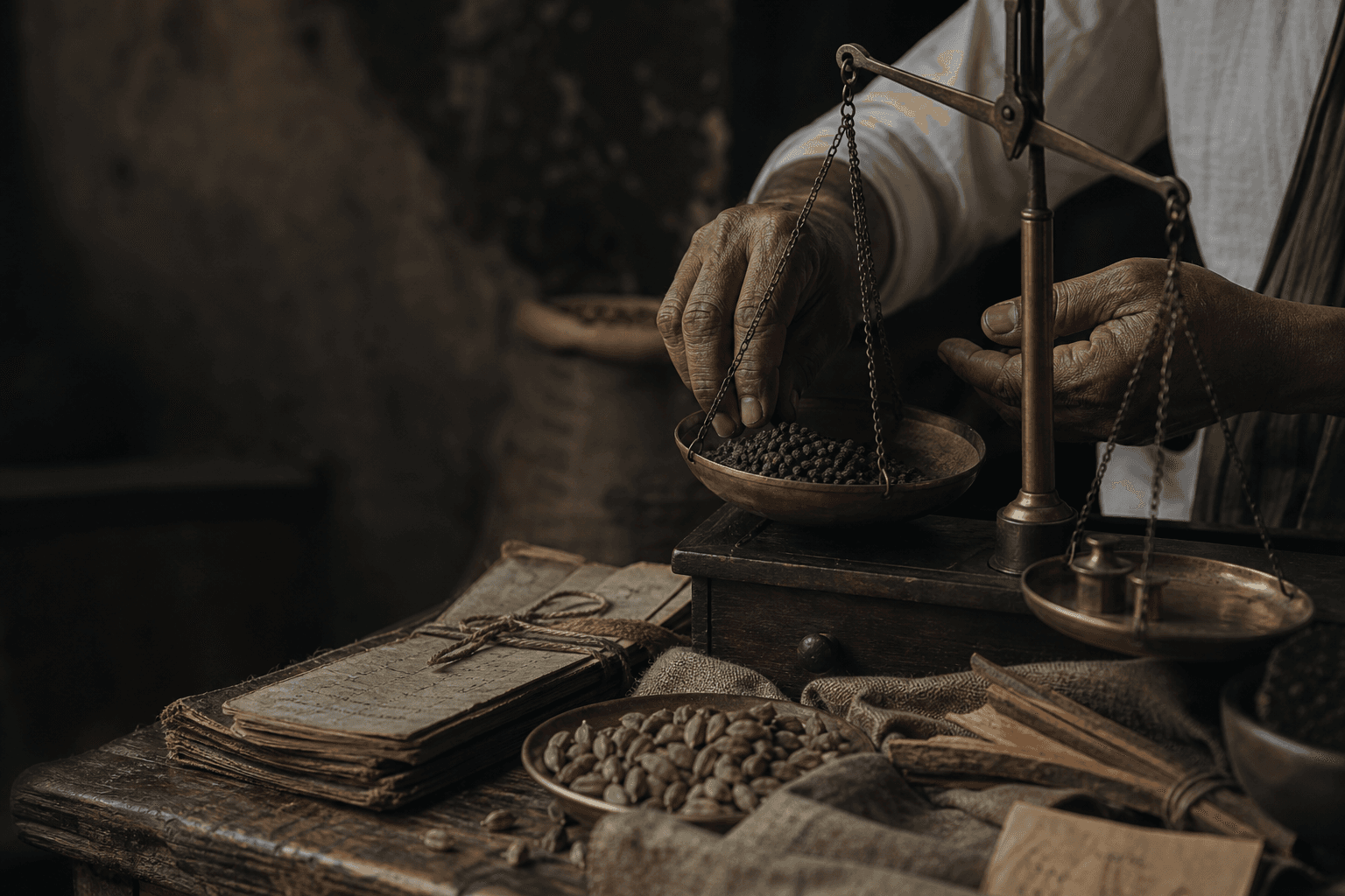 Peppercorns weighed on a brass merchant's balance